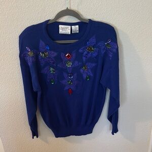 Midnight Blues Vintage 1989 Christmas Sweater in Royal Blue with Embellishments